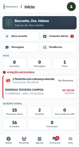 App profissional no celular: tela inicial com atalhos, atendimentos de hoje, aviso de cobrança vencida e quadro geral dos pacientes.