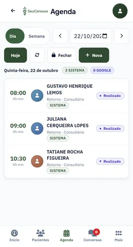 App profissional: agenda do dia com três consultas.
