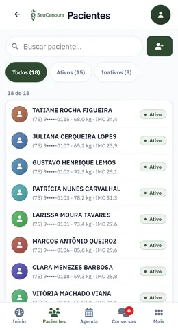 App profissional: lista de pacientes com peso e IMC.