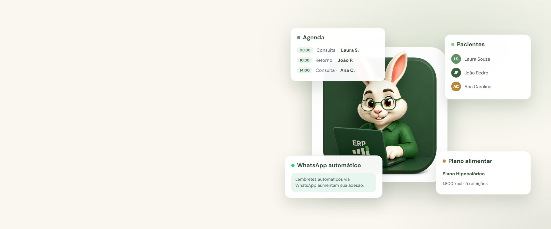 Plataforma SeuCenoura: agenda, pacientes, WhatsApp automático e plano alimentar em uma tela só, com o mascote do SeuCenoura.