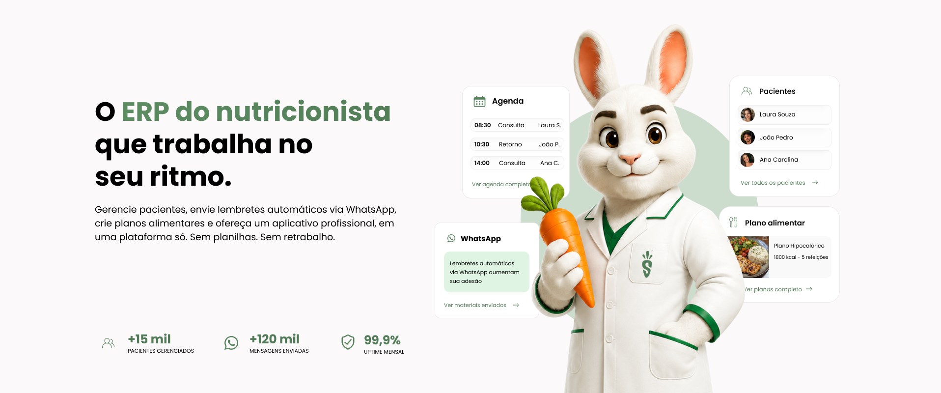 SeuCenoura, o ERP do nutricionista que trabalha no seu ritmo: agenda, pacientes, WhatsApp automático e plano alimentar em uma plataforma só.